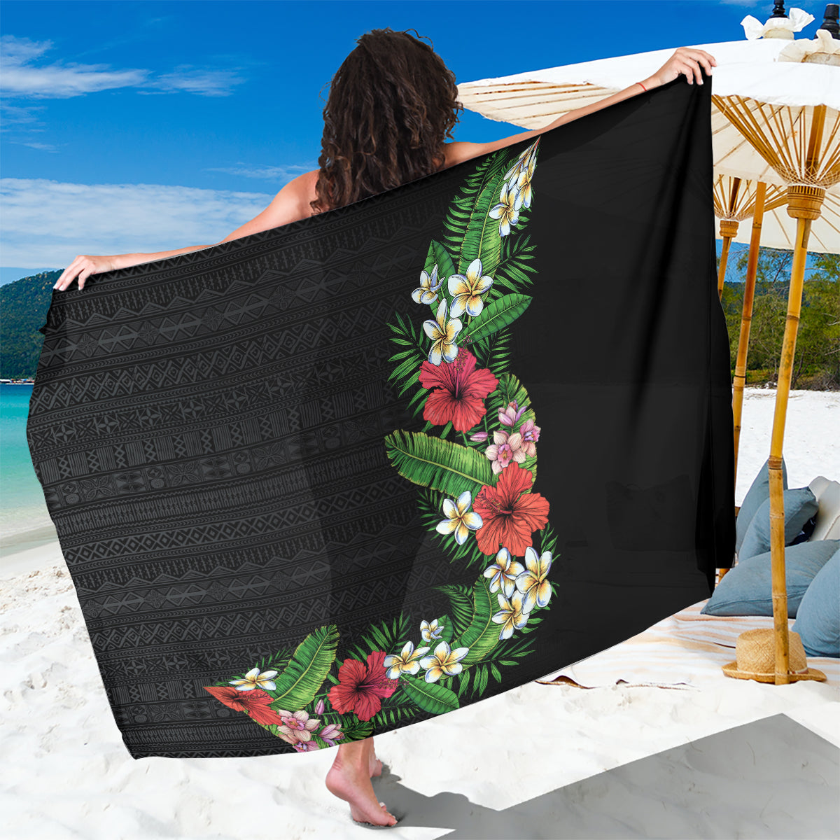 Hawaii Tropical Flowers and Leaves Sarong Tapa Pattern Colorful Mode LT03 One Size 44 x 66 inches Black - Polynesian Pride
