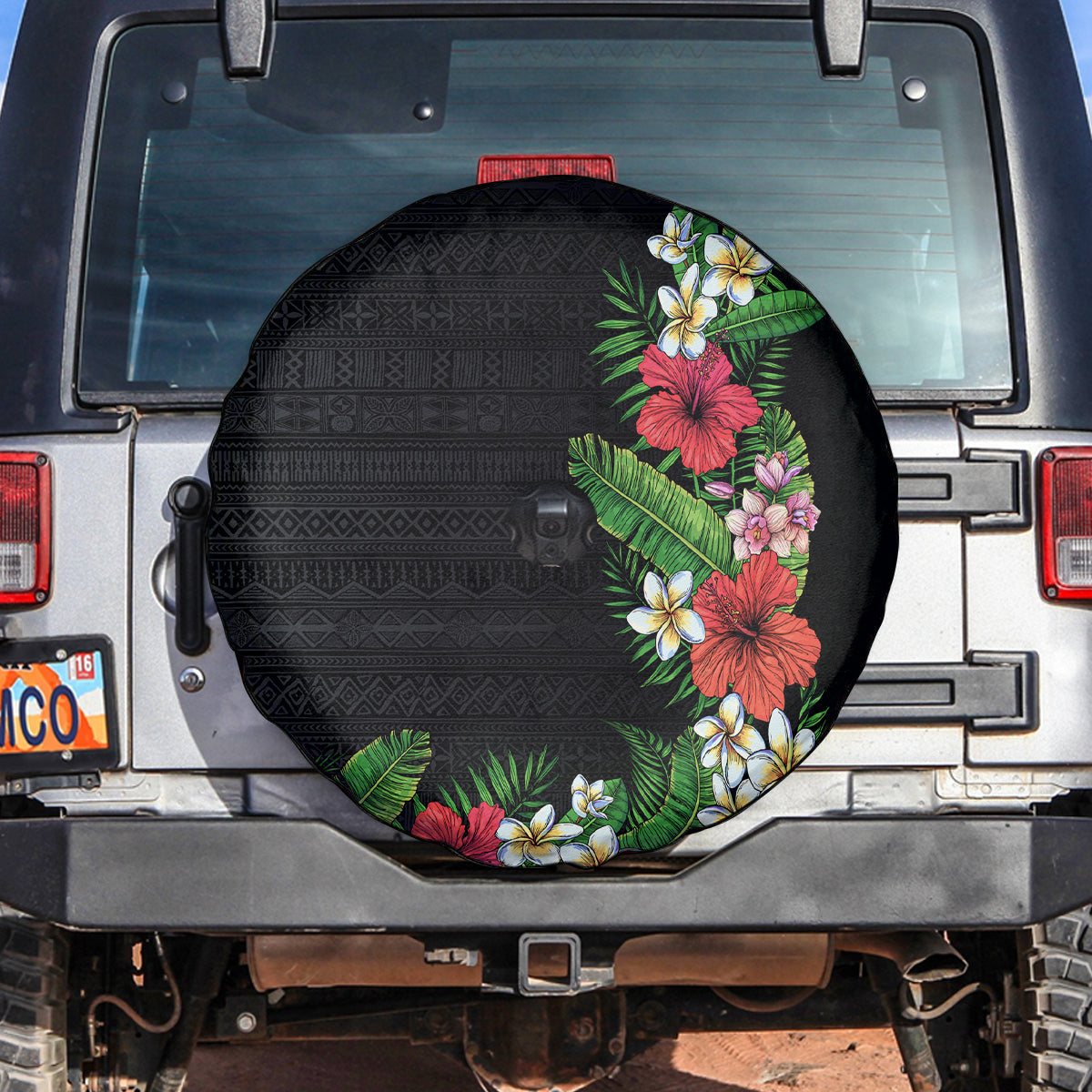 Hawaii Tropical Flowers and Leaves Spare Tire Cover Tapa Pattern Colorful Mode