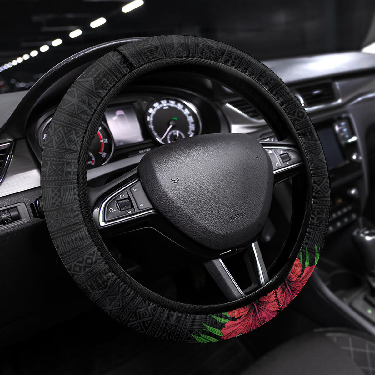 Hawaii Tropical Flowers and Leaves Steering Wheel Cover Tapa Pattern Colorful Mode