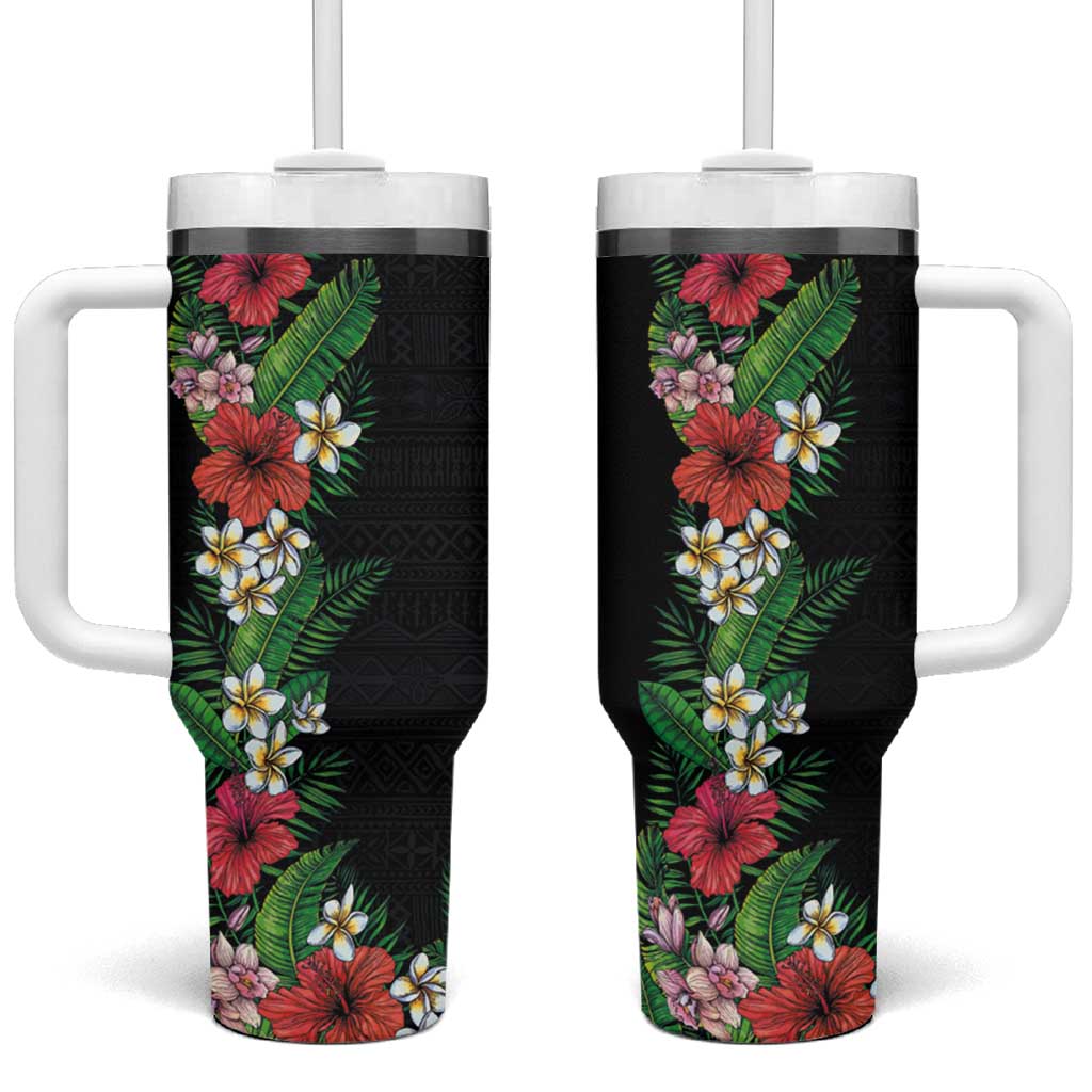 Hawaii Tropical Flowers and Leaves Tumbler With Handle Tapa Pattern Colorful Mode LT03 One Size: 40 oz Black - Polynesian Pride
