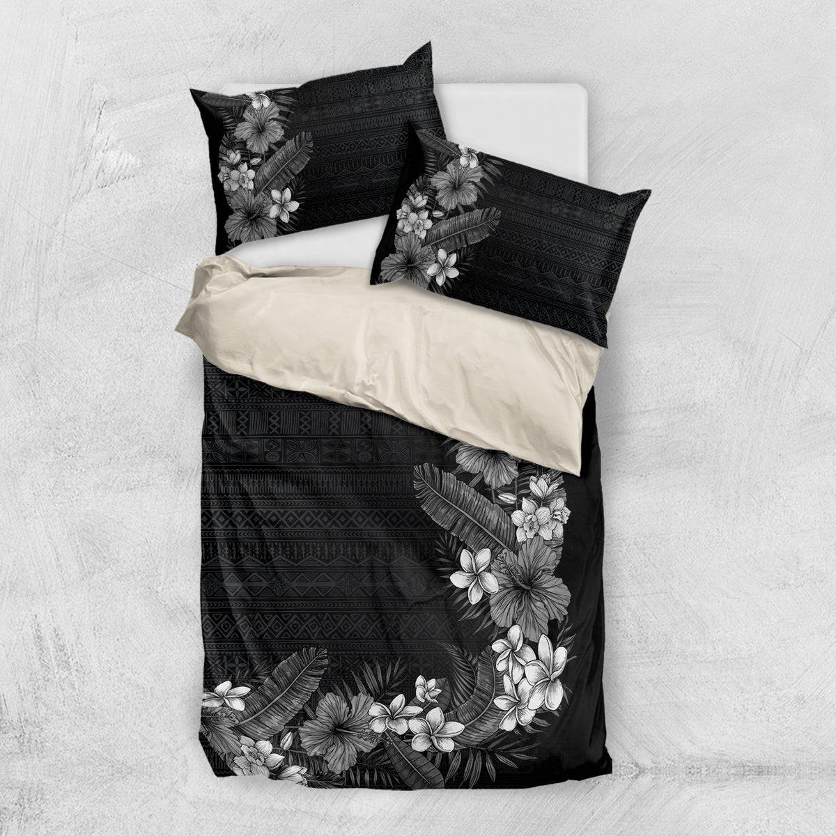 Hawaii Tropical Flowers and Leaves Bedding Set Tapa Pattern Grayscale Mode LT03 US Twin 172cm x 218cm Grayscale - Polynesian Pride