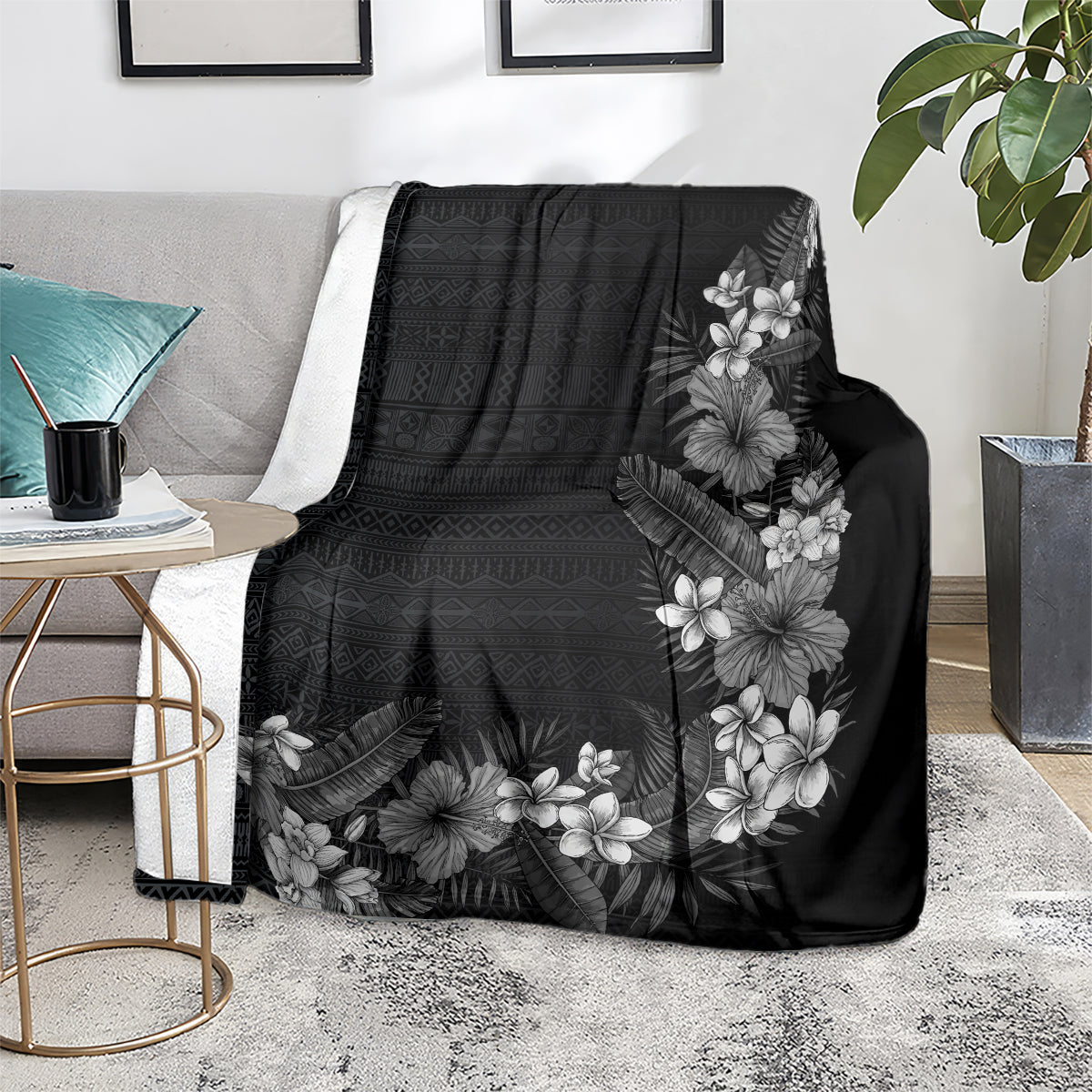 Hawaii Tropical Flowers and Leaves Blanket Tapa Pattern Grayscale Mode LT03 - Polynesian Pride