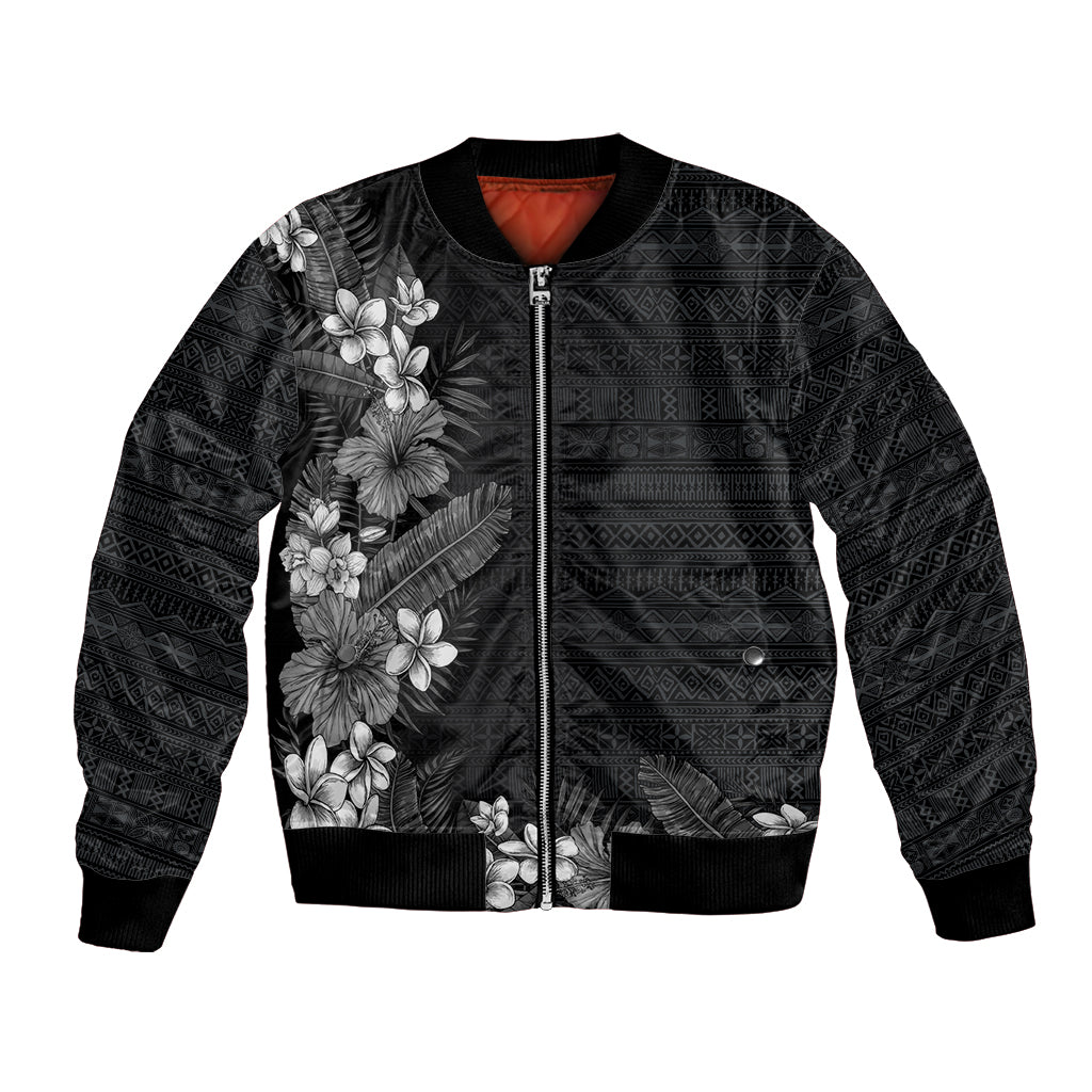 Hawaii Tropical Flowers and Leaves Bomber Jacket Tapa Pattern Grayscale Mode LT03 Unisex Grayscale - Polynesian Pride