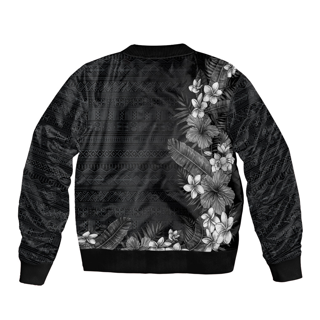 Hawaii Tropical Flowers and Leaves Bomber Jacket Tapa Pattern Grayscale Mode LT03 - Polynesian Pride
