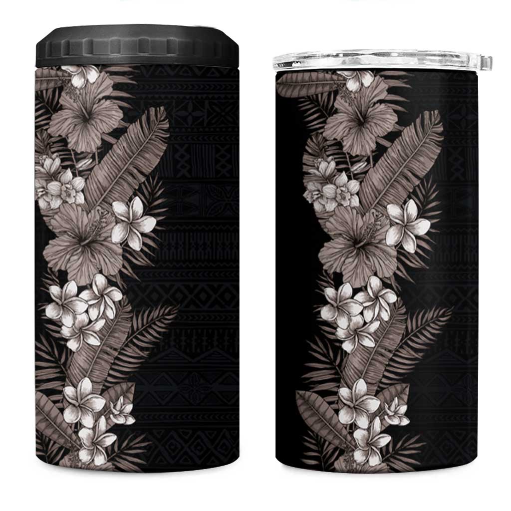 Hawaii Tropical Flowers and Leaves 4 in 1 Can Cooler Tumbler Tapa Pattern Grayscale Mode LT03 One Size: 16 oz Black - Polynesian Pride