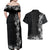 Hawaii Tropical Flowers and Leaves Couples Matching Off Shoulder Maxi Dress and Hawaiian Shirt Tapa Pattern Grayscale Mode