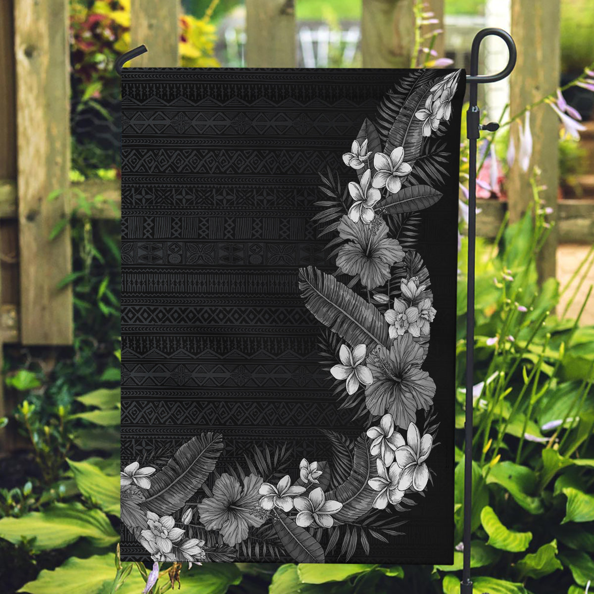 Hawaii Tropical Flowers and Leaves Garden Flag Tapa Pattern Grayscale Mode