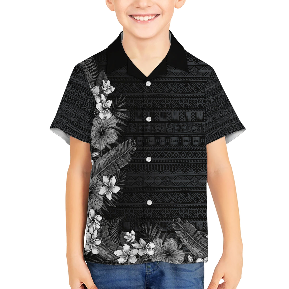 Hawaii Tropical Flowers and Leaves Kid Hawaiian Shirt Tapa Pattern Grayscale Mode LT03 Kid Grayscale - Polynesian Pride