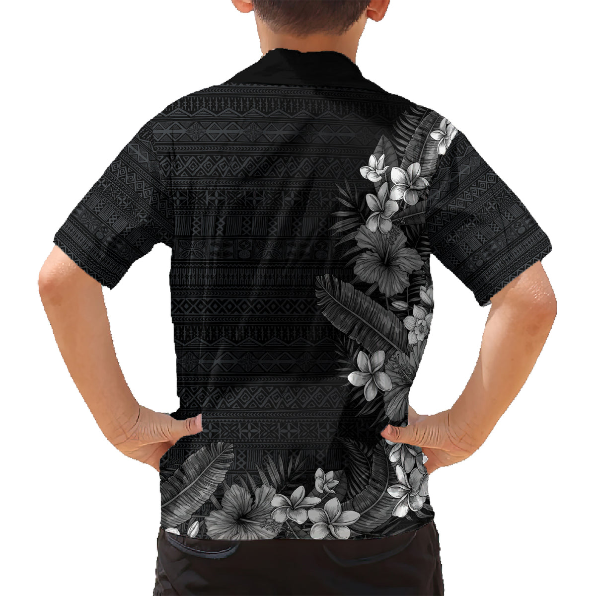 Hawaii Tropical Flowers and Leaves Kid Hawaiian Shirt Tapa Pattern Grayscale Mode LT03 - Polynesian Pride