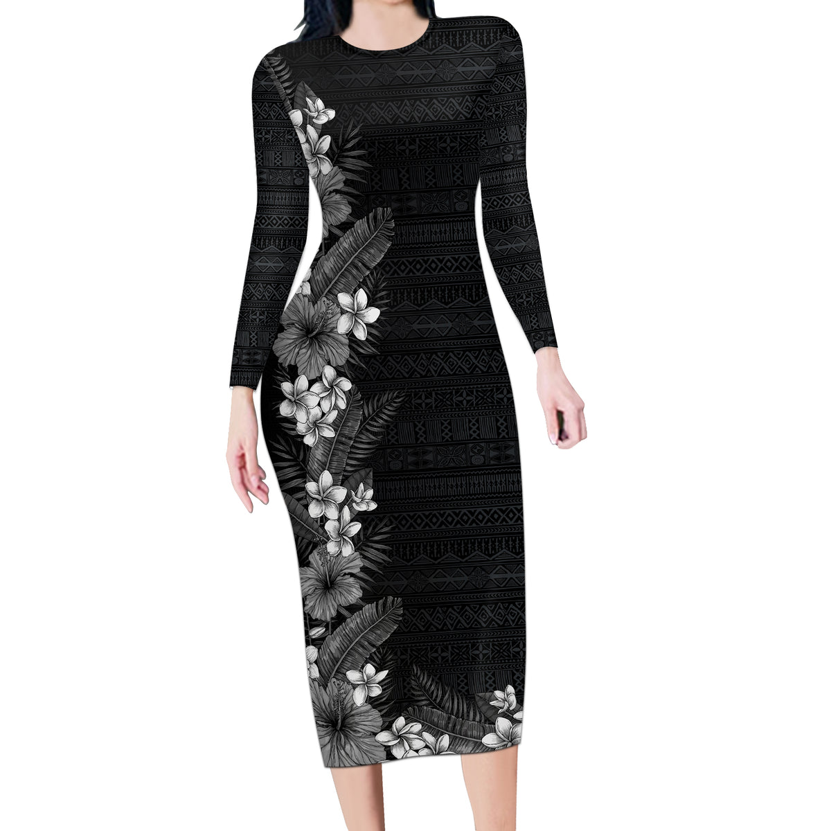 Hawaii Tropical Flowers and Leaves Long Sleeve Bodycon Dress Tapa Pattern Grayscale Mode LT03 Long Dress Grayscale - Polynesian Pride