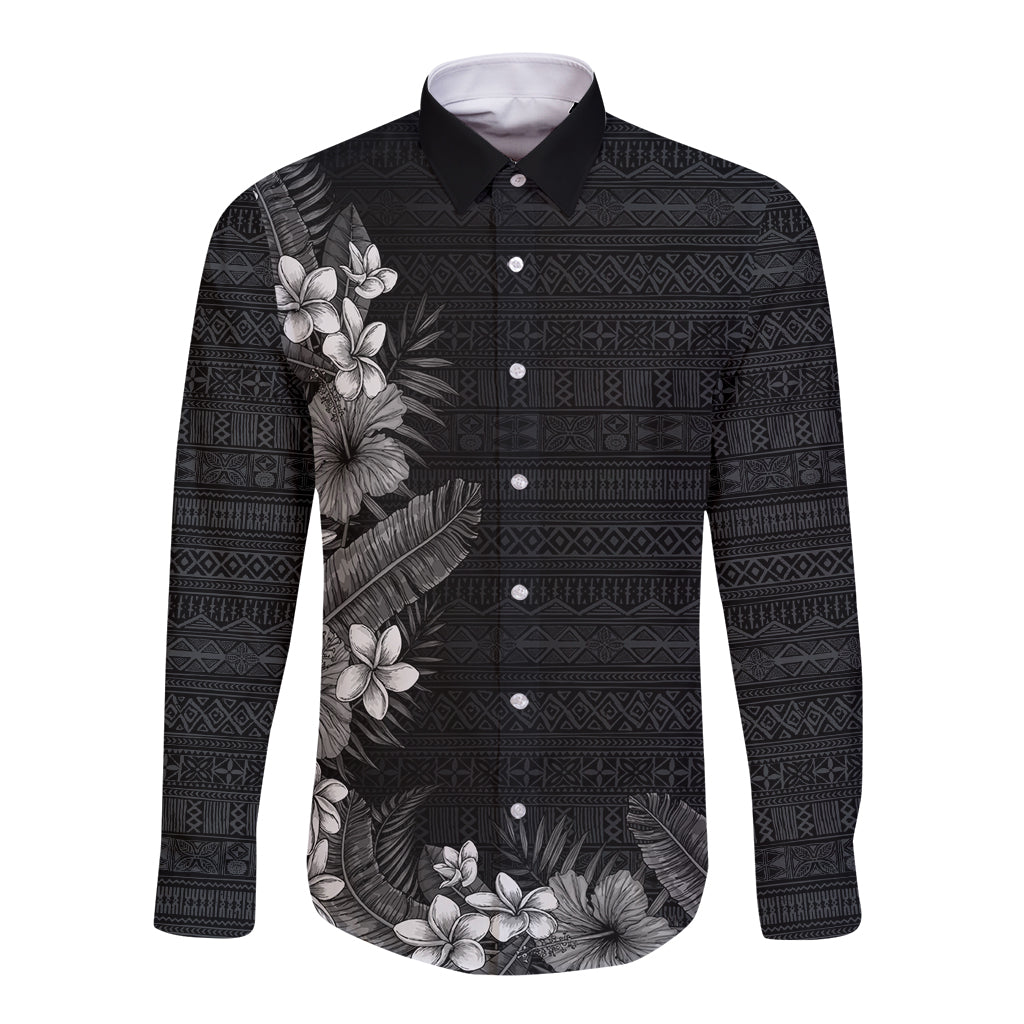 Hawaii Tropical Flowers and Leaves Long Sleeve Button Shirt Tapa Pattern Grayscale Mode LT03 Unisex Grayscale - Polynesian Pride