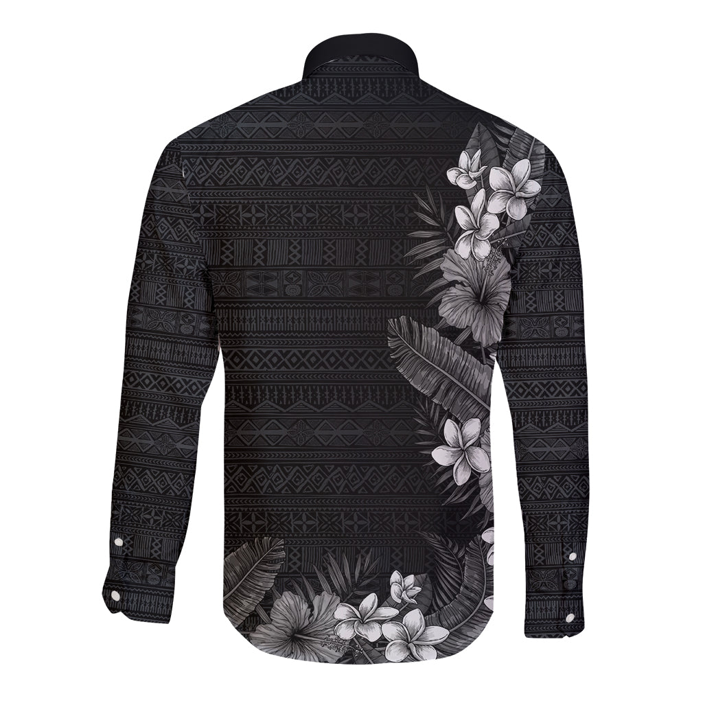 Hawaii Tropical Flowers and Leaves Long Sleeve Button Shirt Tapa Pattern Grayscale Mode LT03 - Polynesian Pride