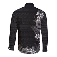 Hawaii Tropical Flowers and Leaves Long Sleeve Button Shirt Tapa Pattern Grayscale Mode LT03 - Polynesian Pride