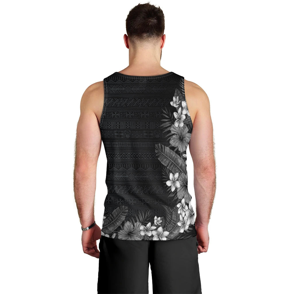 Hawaii Tropical Flowers and Leaves Men Tank Top Tapa Pattern Grayscale Mode LT03 - Polynesian Pride