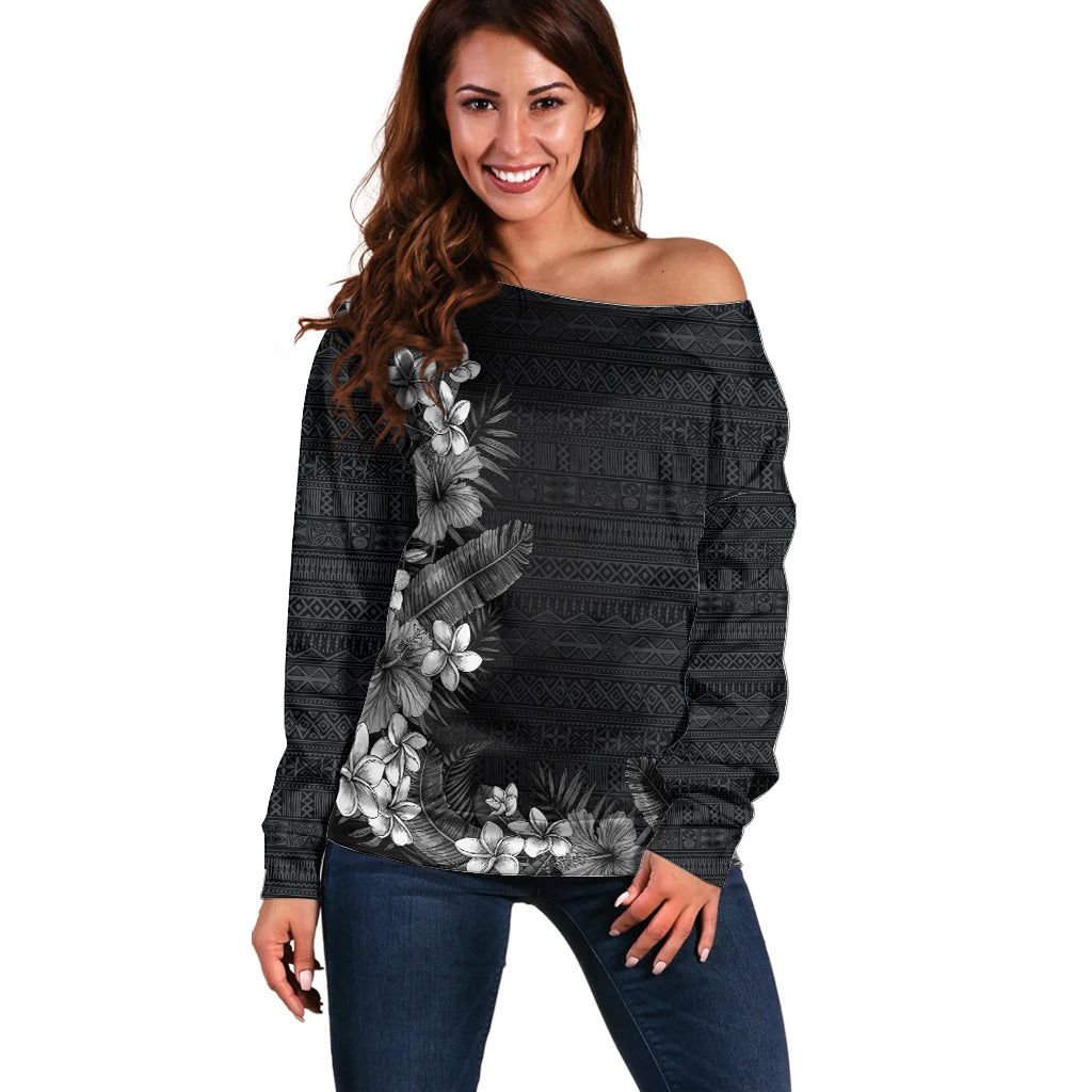 Hawaii Tropical Flowers and Leaves Off Shoulder Sweater Tapa Pattern Grayscale Mode LT03 Women Grayscale - Polynesian Pride