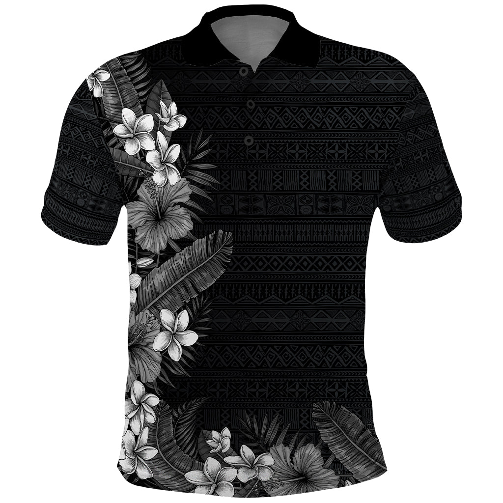 Hawaii Tropical Flowers and Leaves Polo Shirt - Tapa Pattern Grayscale Mode LT03 Grayscale - Polynesian Pride
