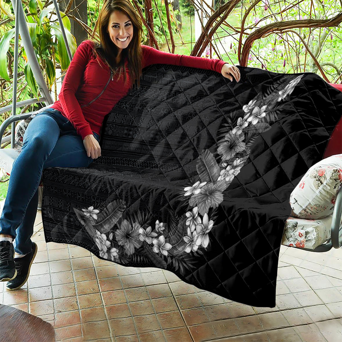Hawaii Tropical Flowers and Leaves Quilt Tapa Pattern Grayscale Mode LT03 - Polynesian Pride