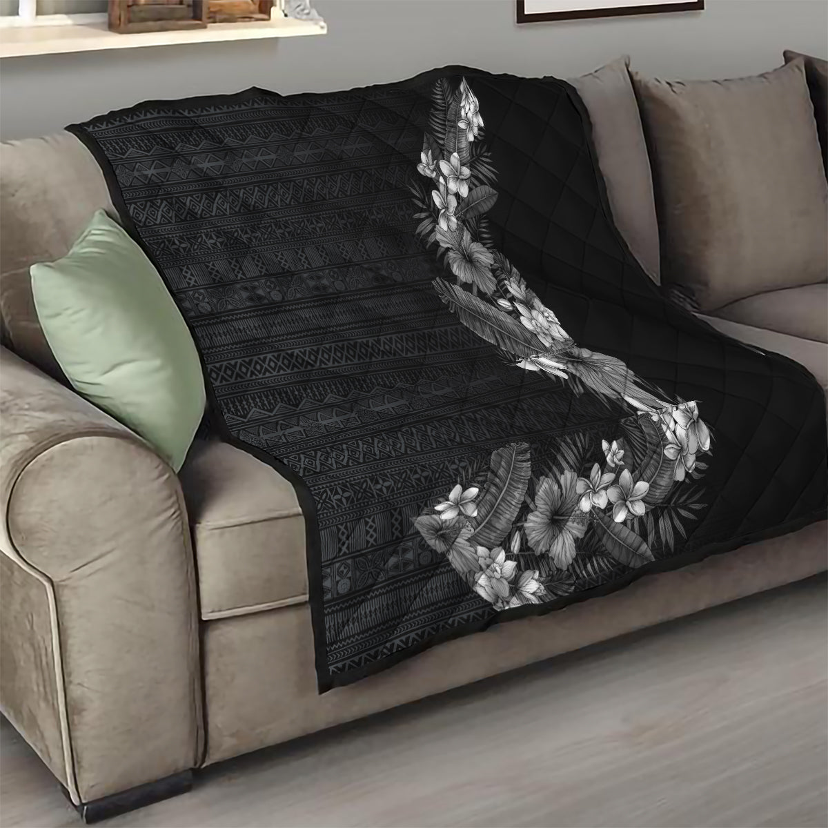 Hawaii Tropical Flowers and Leaves Quilt Tapa Pattern Grayscale Mode LT03 - Polynesian Pride