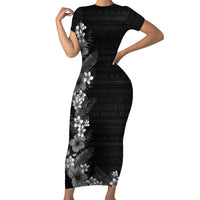 Hawaii Tropical Flowers and Leaves Short Sleeve Bodycon Dress Tapa Pattern Grayscale Mode LT03 Long Dress Grayscale - Polynesian Pride