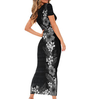 Hawaii Tropical Flowers and Leaves Short Sleeve Bodycon Dress Tapa Pattern Grayscale Mode LT03 - Polynesian Pride