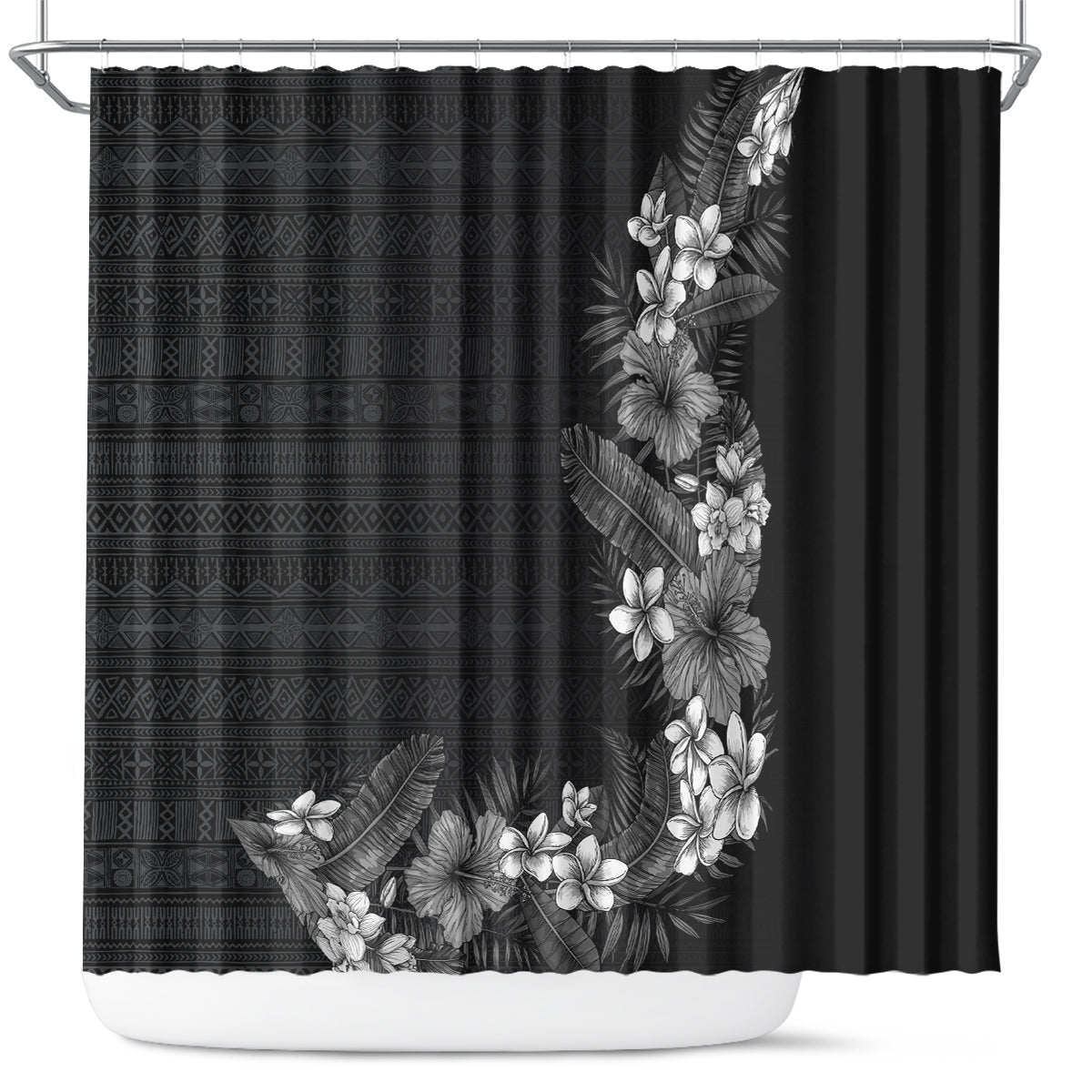 Hawaii Tropical Flowers and Leaves Shower Curtain Tapa Pattern Grayscale Mode
