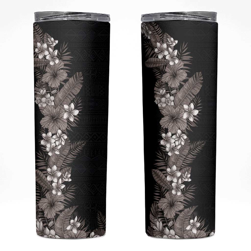 Hawaii Tropical Flowers and Leaves Skinny Tumbler Tapa Pattern Grayscale Mode LT03 Black - Polynesian Pride