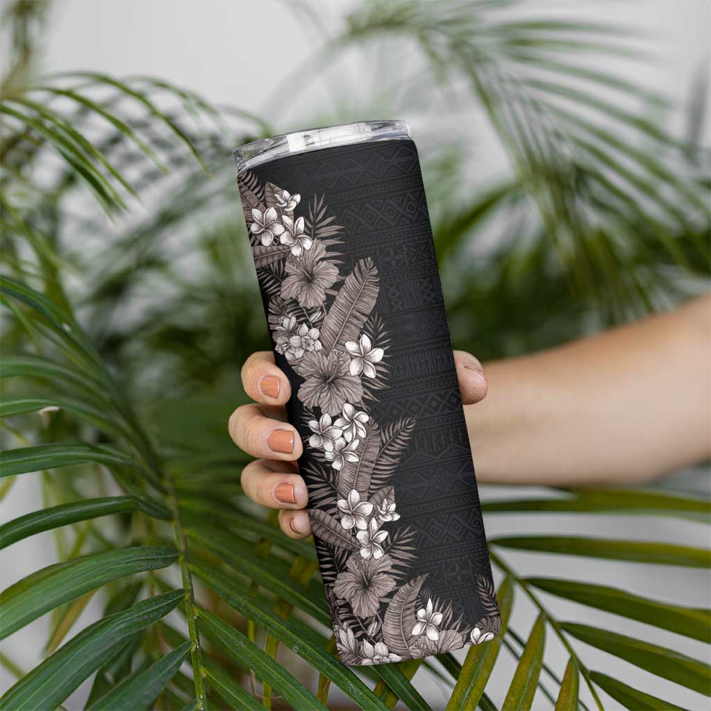 Hawaii Tropical Flowers and Leaves Skinny Tumbler Tapa Pattern Grayscale Mode LT03 - Polynesian Pride