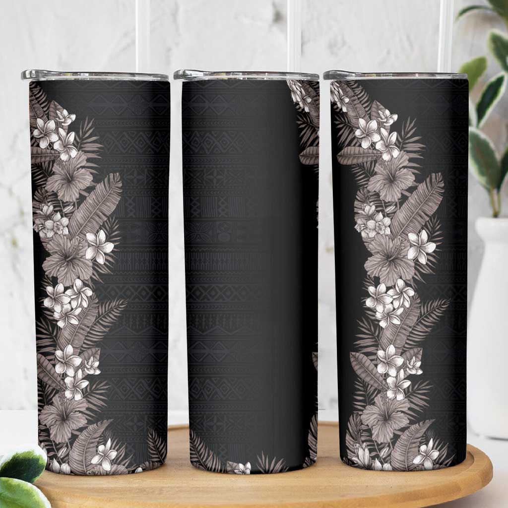 Hawaii Tropical Flowers and Leaves Skinny Tumbler Tapa Pattern Grayscale Mode LT03 - Polynesian Pride