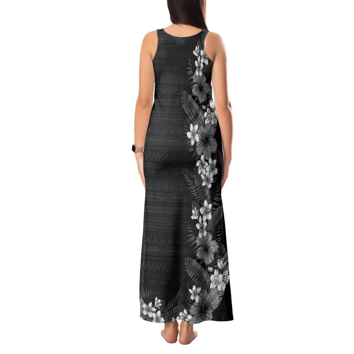 Hawaii Tropical Flowers and Leaves Tank Maxi Dress Tapa Pattern Grayscale Mode LT03 - Polynesian Pride