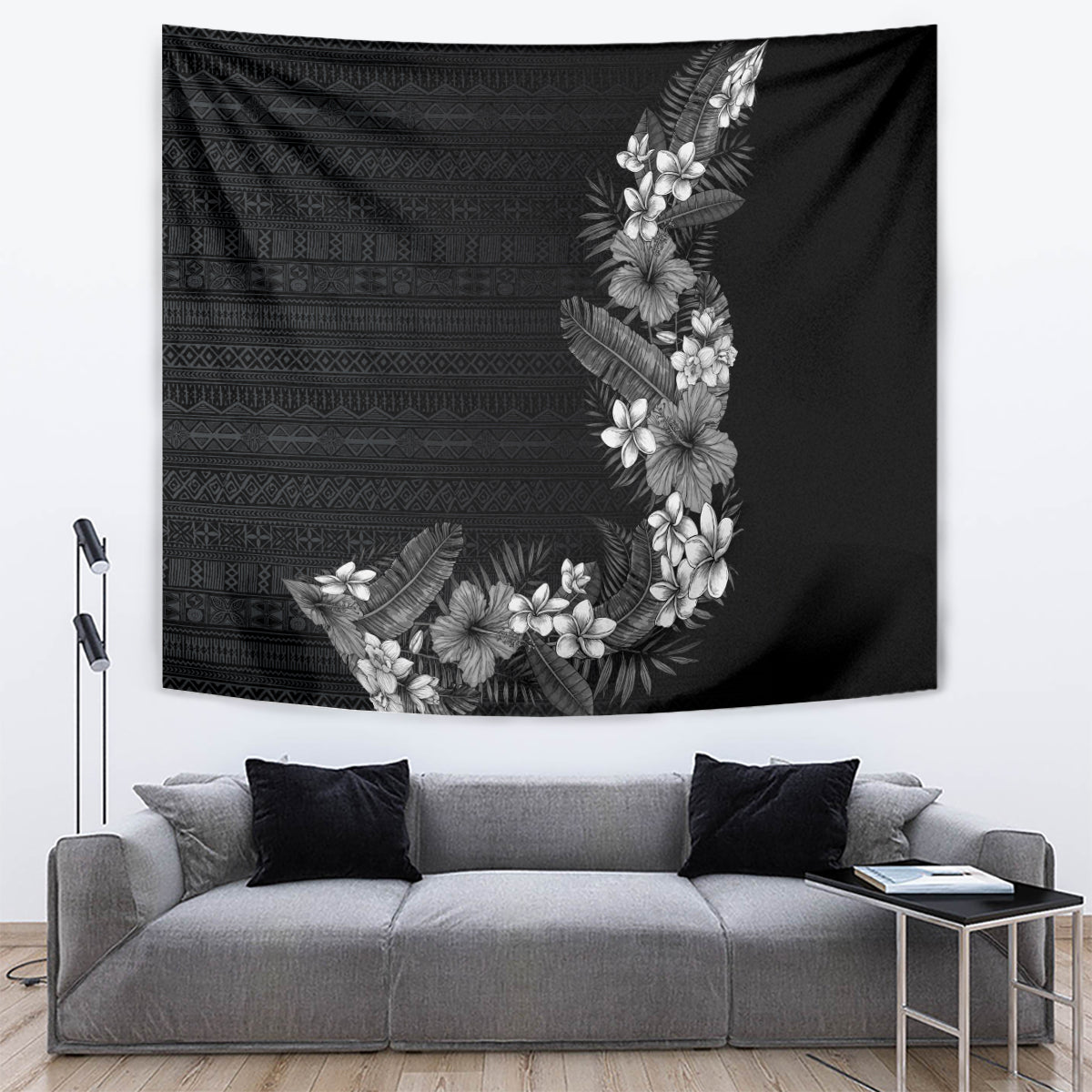 Hawaii Tropical Flowers and Leaves Tapestry Tapa Pattern Grayscale Mode LT03 Grayscale - Polynesian Pride