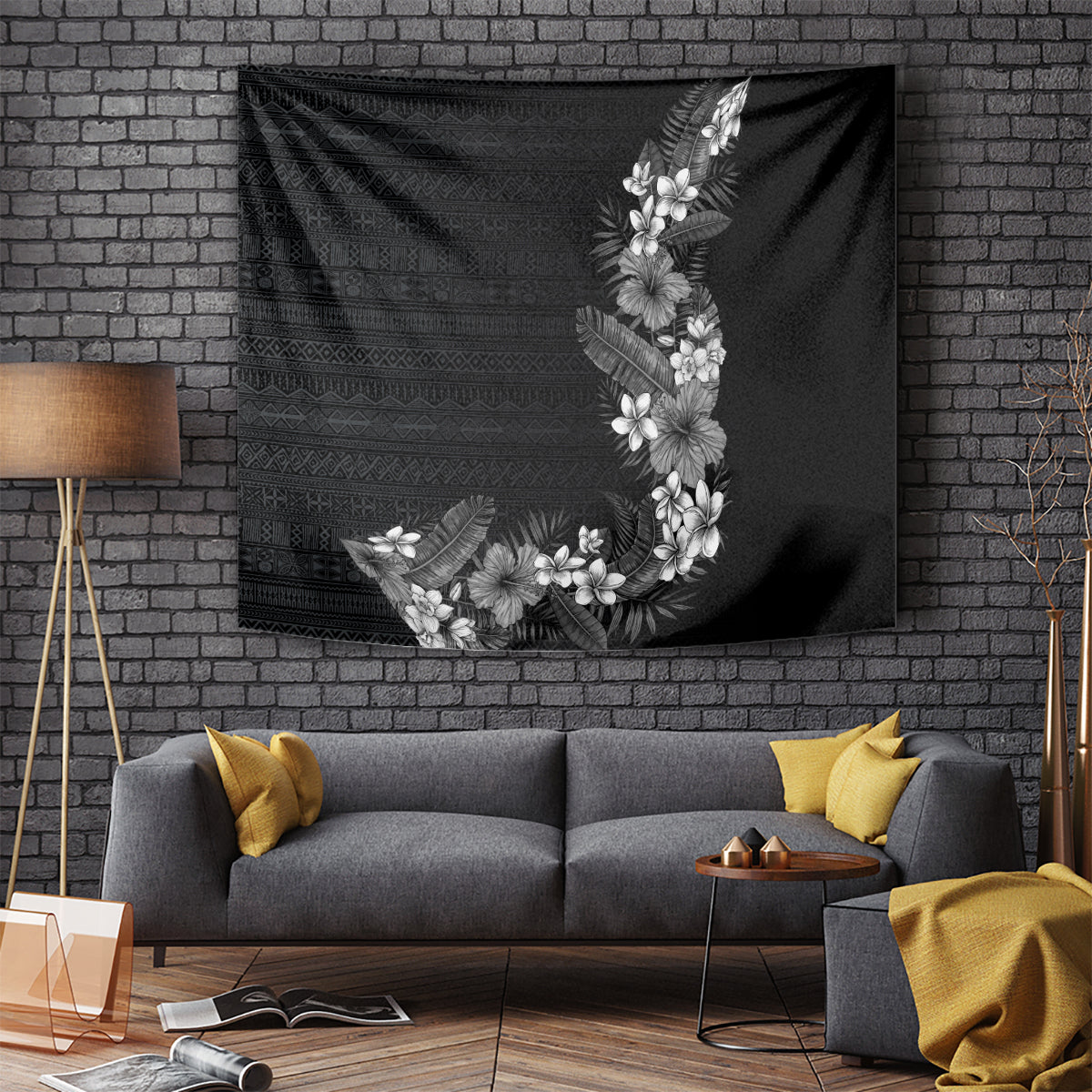 Hawaii Tropical Flowers and Leaves Tapestry Tapa Pattern Grayscale Mode LT03 - Polynesian Pride