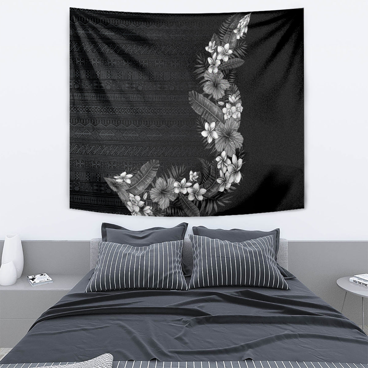 Hawaii Tropical Flowers and Leaves Tapestry Tapa Pattern Grayscale Mode LT03 - Polynesian Pride