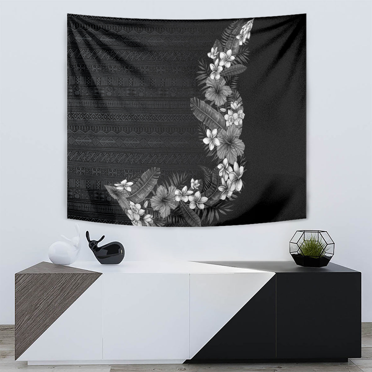 Hawaii Tropical Flowers and Leaves Tapestry Tapa Pattern Grayscale Mode LT03 - Polynesian Pride