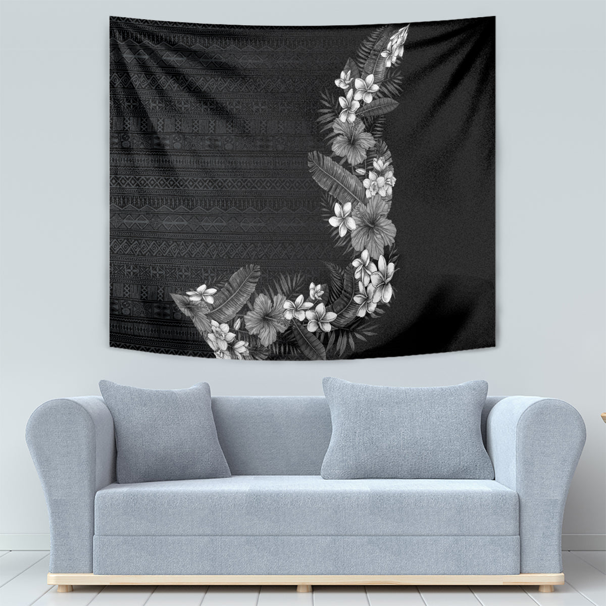 Hawaii Tropical Flowers and Leaves Tapestry Tapa Pattern Grayscale Mode LT03 - Polynesian Pride