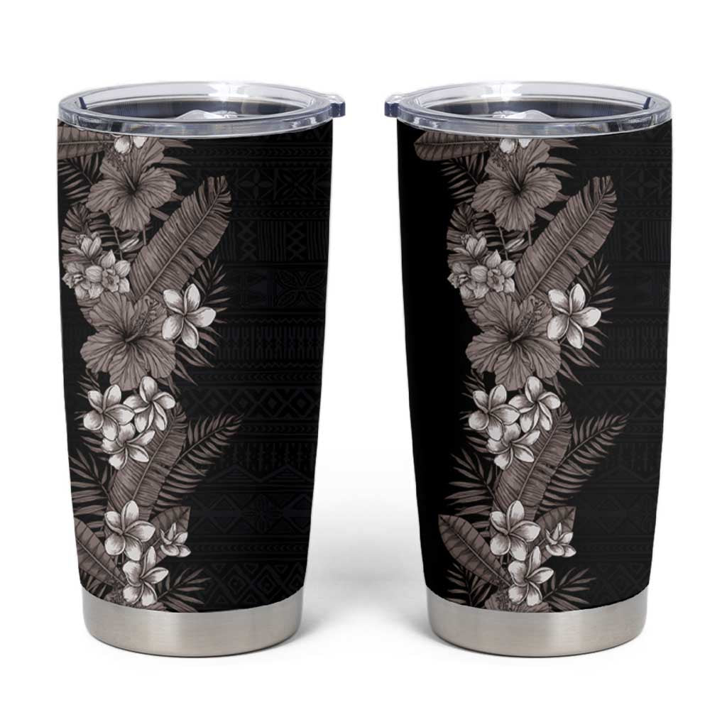 Hawaii Tropical Flowers and Leaves Tumbler Cup Tapa Pattern Grayscale Mode LT03 Black - Polynesian Pride