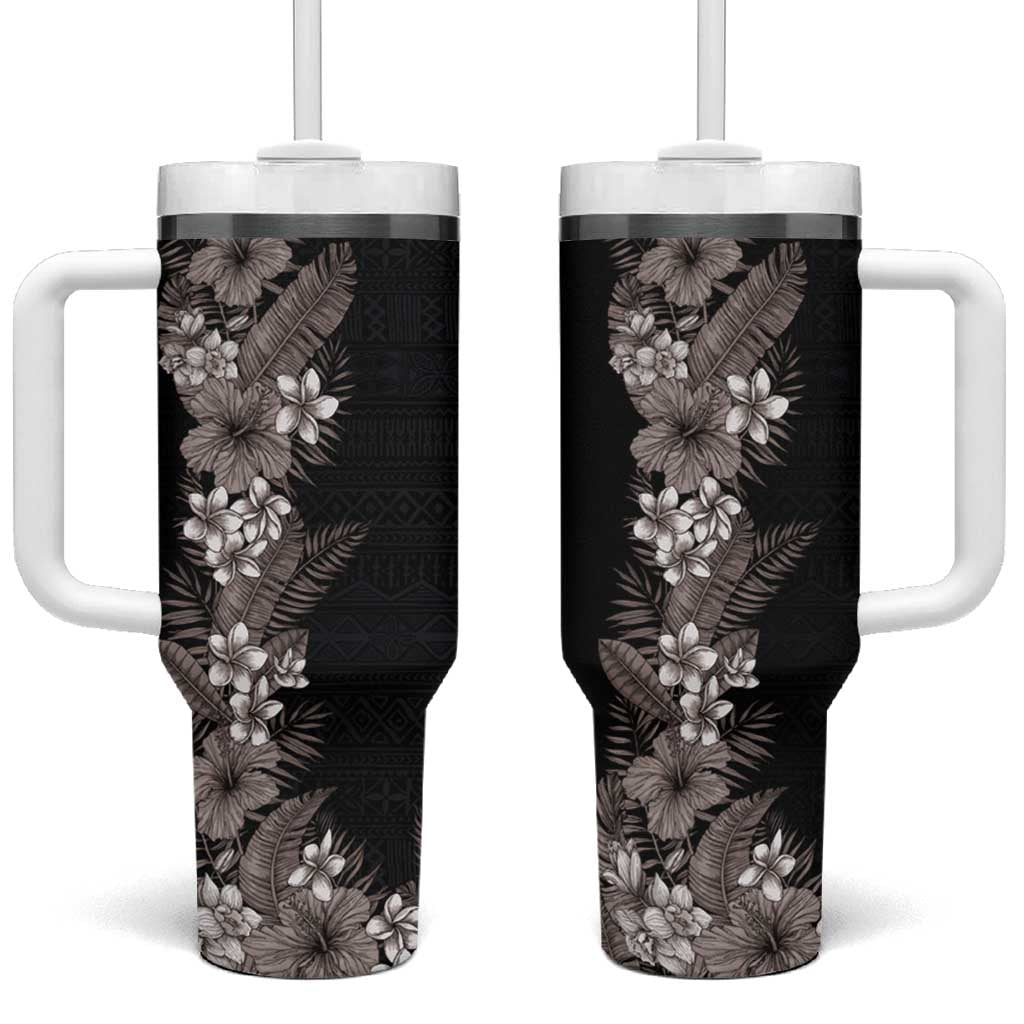 Hawaii Tropical Flowers and Leaves Tumbler With Handle Tapa Pattern Grayscale Mode LT03 One Size: 40 oz Black - Polynesian Pride