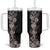 Hawaii Tropical Flowers and Leaves Tumbler With Handle Tapa Pattern Grayscale Mode