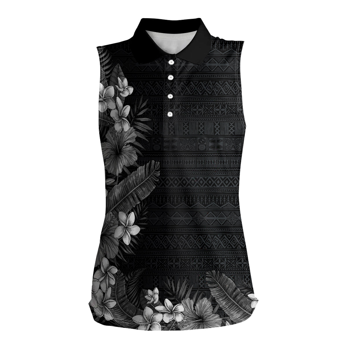 Hawaii Tropical Flowers and Leaves Women Sleeveless Polo Shirt - Tapa Pattern Grayscale Mode LT03 Female Grayscale - Polynesian Pride