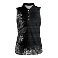 Hawaii Tropical Flowers and Leaves Women Sleeveless Polo Shirt - Tapa Pattern Grayscale Mode LT03 Female Grayscale - Polynesian Pride