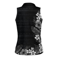 Hawaii Tropical Flowers and Leaves Women Sleeveless Polo Shirt - Tapa Pattern Grayscale Mode LT03 - Polynesian Pride
