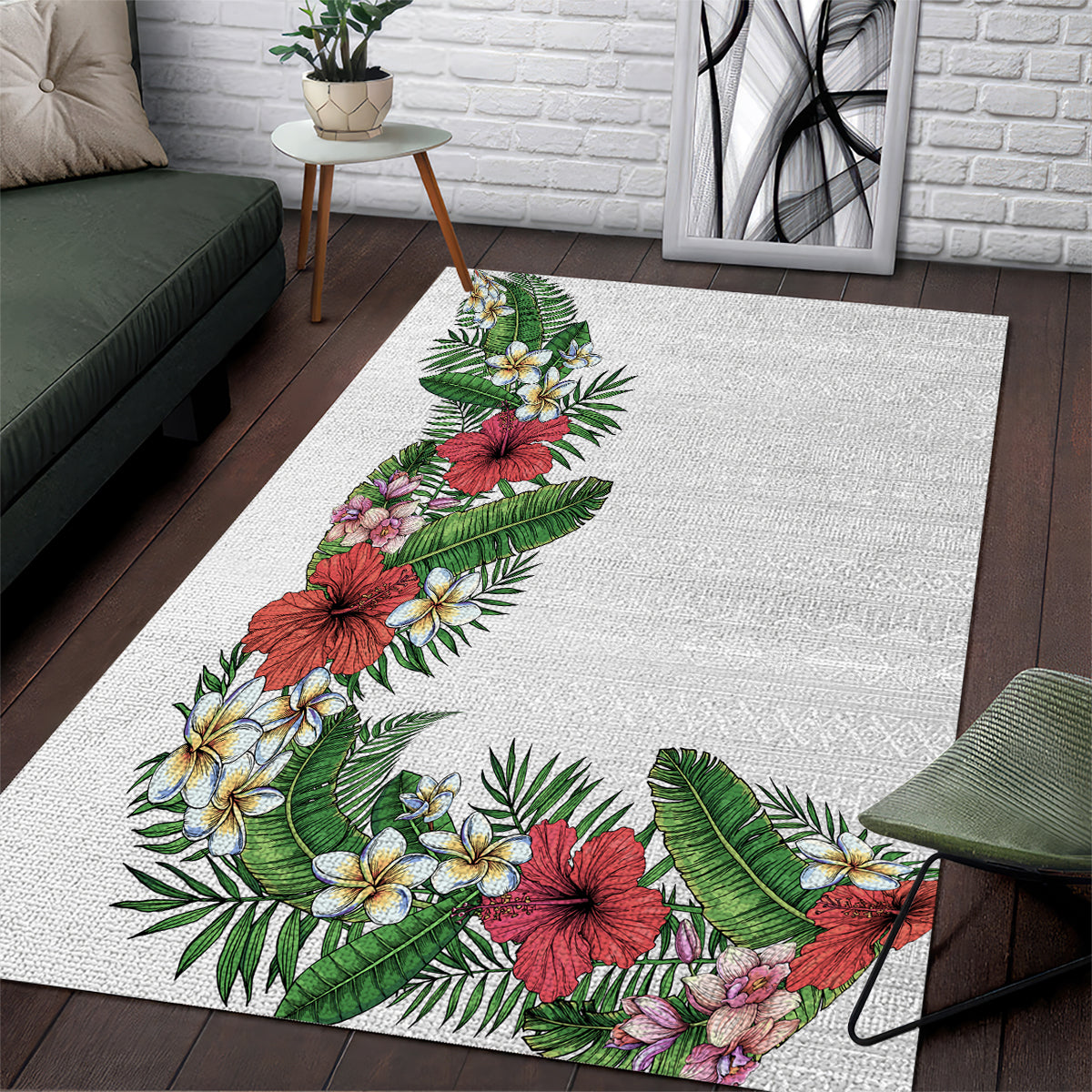Hawaii Tropical Flowers and Leaves Area Rug Tapa Pattern White Mode LT03 White - Polynesian Pride