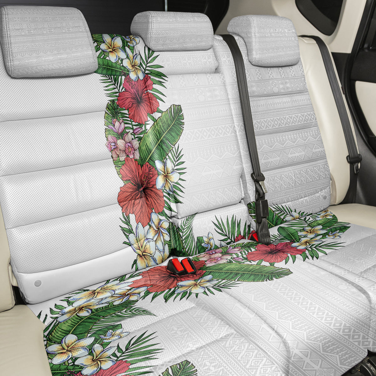 Hawaii Tropical Flowers and Leaves Back Car Seat Cover Tapa Pattern White Mode LT03 - Polynesian Pride