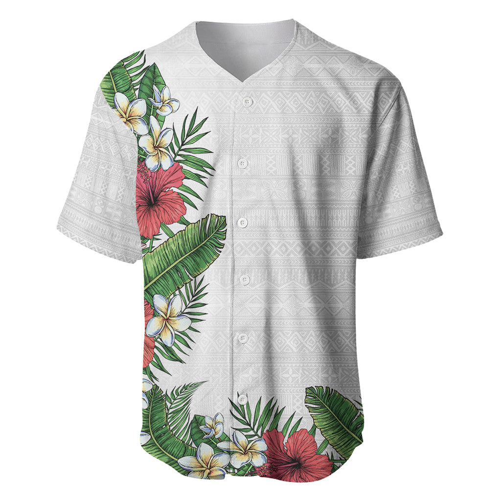 Hawaii Tropical Flowers and Leaves Baseball Jersey Tapa Pattern White Mode LT03 White - Polynesian Pride