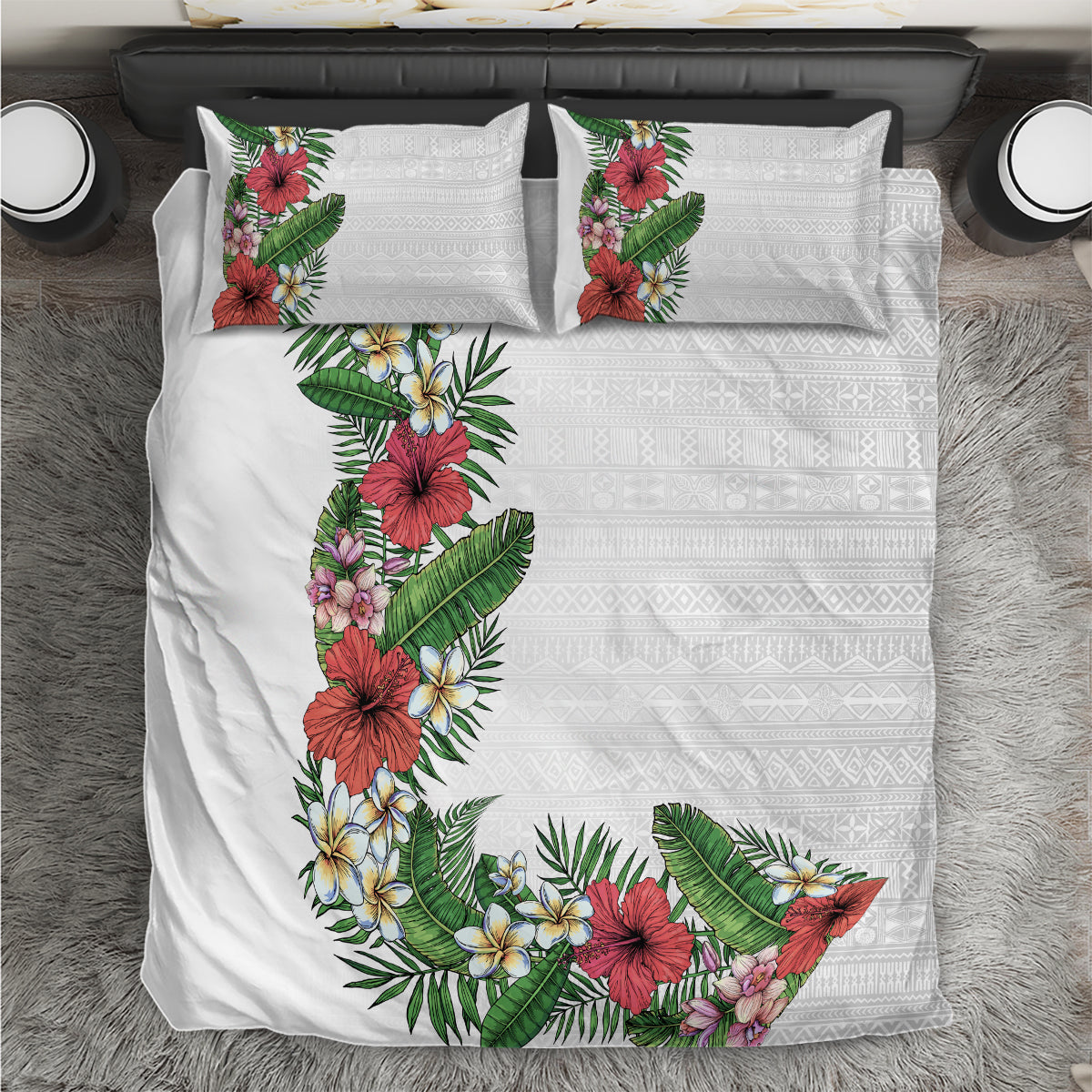 Hawaii Tropical Flowers and Leaves Bedding Set Tapa Pattern White Mode LT03 White - Polynesian Pride