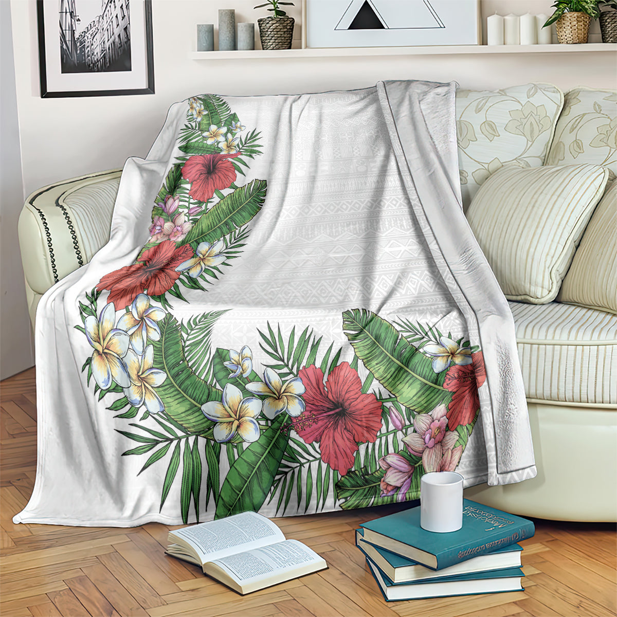 Hawaii Tropical Flowers and Leaves Blanket Tapa Pattern White Mode LT03 White - Polynesian Pride