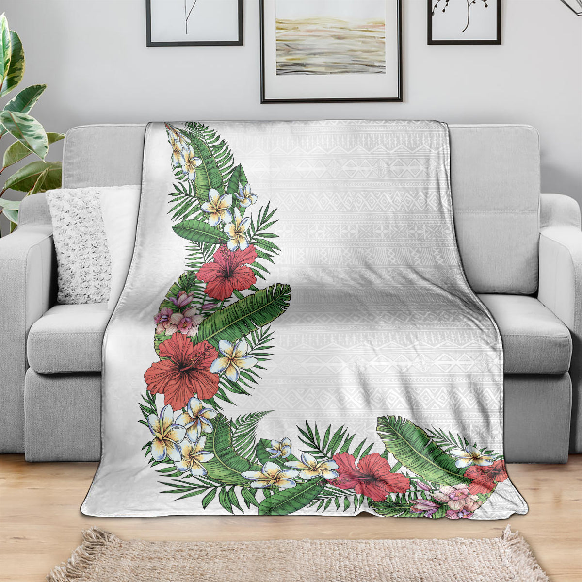 Hawaii Tropical Flowers and Leaves Blanket Tapa Pattern White Mode LT03 - Polynesian Pride