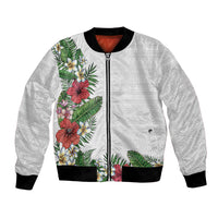 Hawaii Tropical Flowers and Leaves Bomber Jacket Tapa Pattern White Mode LT03 Unisex White - Polynesian Pride