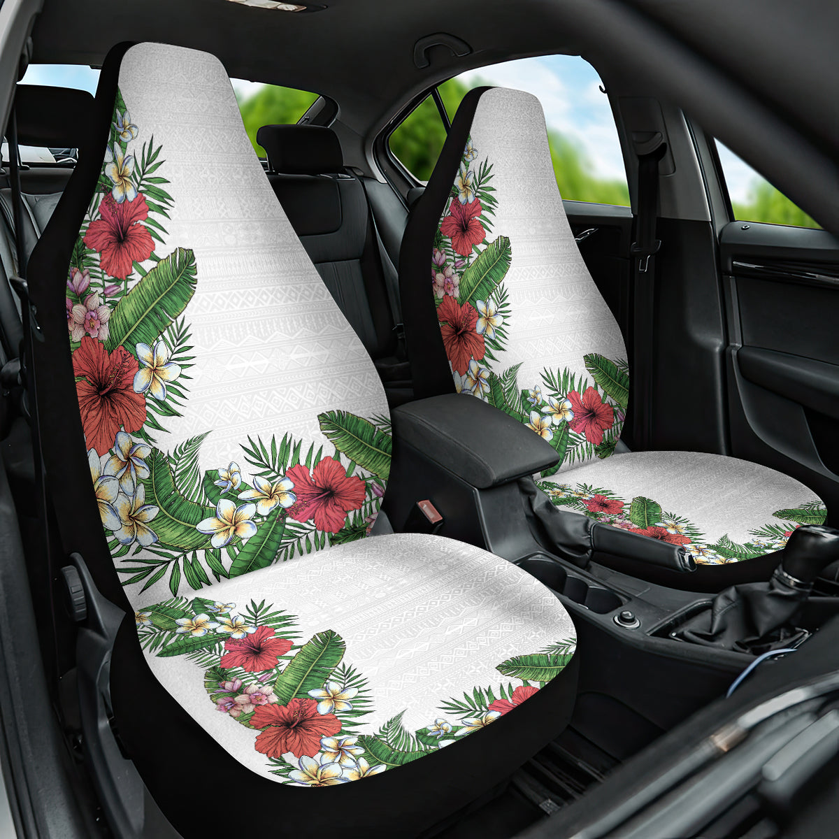 Hawaii Tropical Flowers and Leaves Car Seat Cover Tapa Pattern White Mode LT03 One Size White - Polynesian Pride