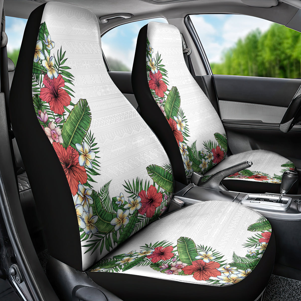 Hawaii Tropical Flowers and Leaves Car Seat Cover Tapa Pattern White Mode LT03 - Polynesian Pride