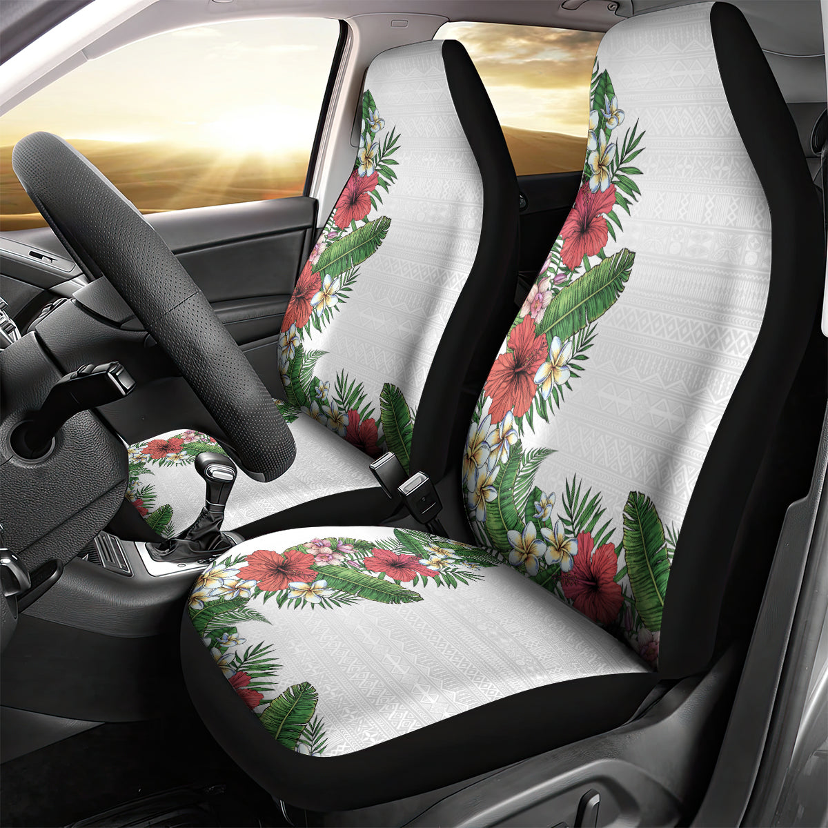 Hawaii Tropical Flowers and Leaves Car Seat Cover Tapa Pattern White Mode LT03 - Polynesian Pride